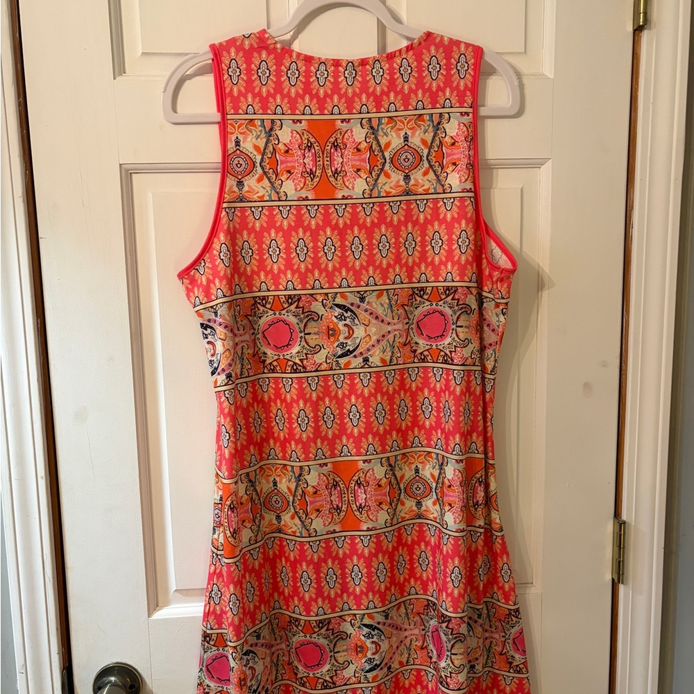 Exclusive Orange Pink Stretch Geometric Tribal Print Strapping Sundress. Size XL - Picture 4 of 5